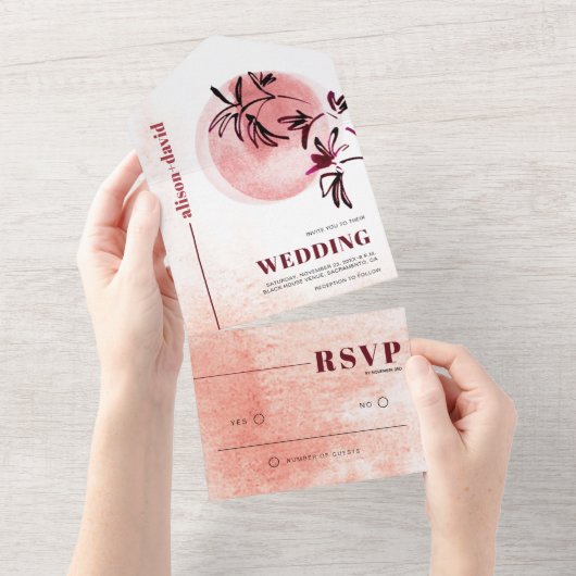 Waterverf tak en maan Japandi bruiloft All In One Uitnodiging (Afscheurbaar)