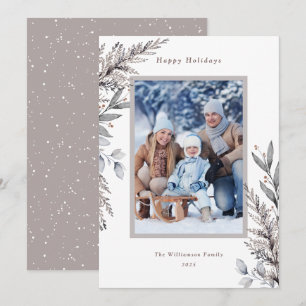 Waterverf Tan & Gray Winter Botanicals Foto Feestdagenkaart