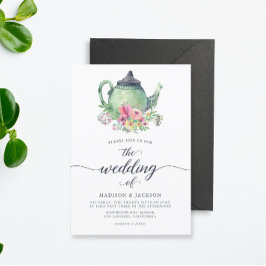 Waterverf Tapot en Floral Wedding Kaart