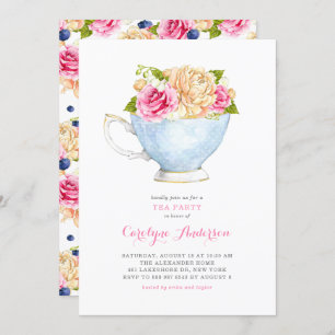 Waterverf Teacup Bouquet Flowers Tea Party Kaart