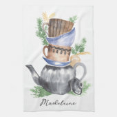 Waterverf Teacups & Theepot Script Naam Theedoek (Verticaal)