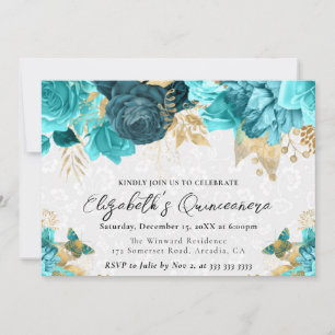 Waterverf Teal en Gouden Bloemen Quinceanera Kaart
