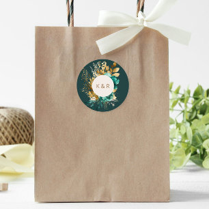 Waterverf Teal en Gouden Bloemige Monogram Bruilof Ronde Sticker