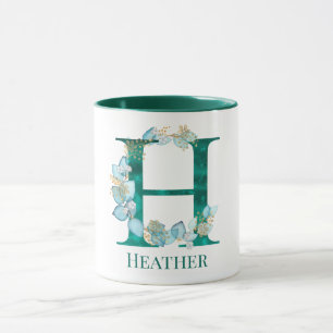 Waterverf Teal en Gouden Initiaal Letter H Mok