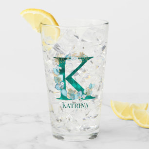 Waterverf Teal en Gouden Monogram Letter K Glas