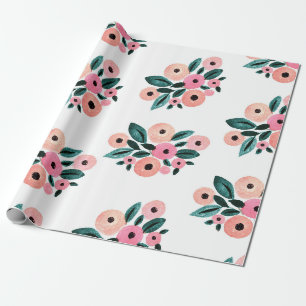 Waterverf Teal en Roze Bloem Cadeaupapier