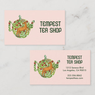 Waterverf Teapot Deer Floral Tea Shop Cafe Herbal Visitekaartje