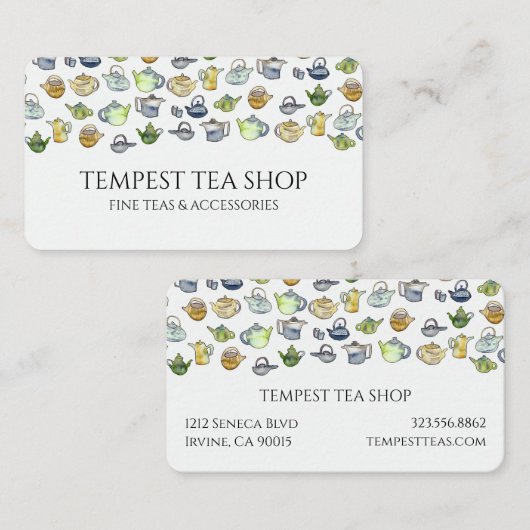 Waterverf Teapot Pattern Quaint Elegant Tea Shop Visitekaartje (Voorkant / Achterkant)