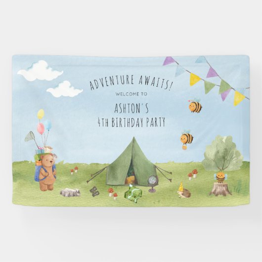 Waterverf Teddy Bear, Adventure verjaardagswelkom Spandoek (Horizontaal)