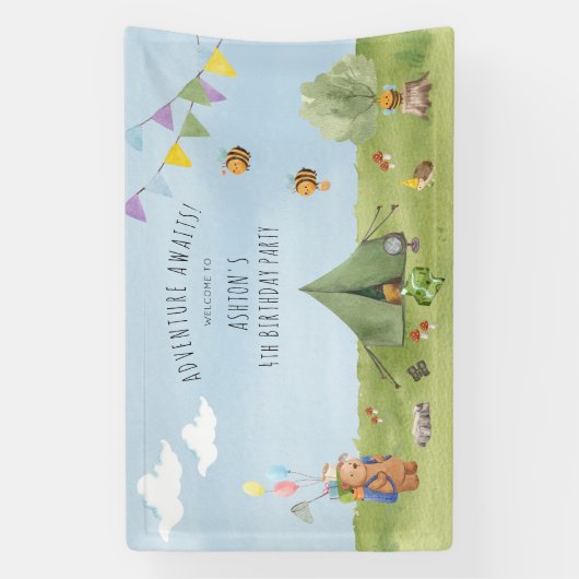 Waterverf Teddy Bear, Adventure verjaardagswelkom Spandoek (Verticaal)