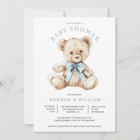 Waterverf Teddy Bear Boy Blue Baby shower Kaart (Voorkant)