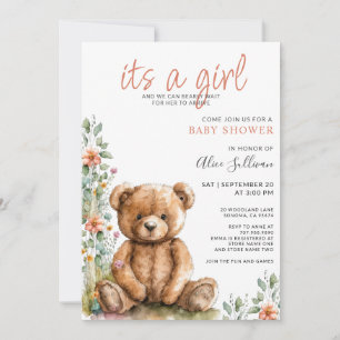Waterverf Teddy Bear Meisje Baby shower Kaart