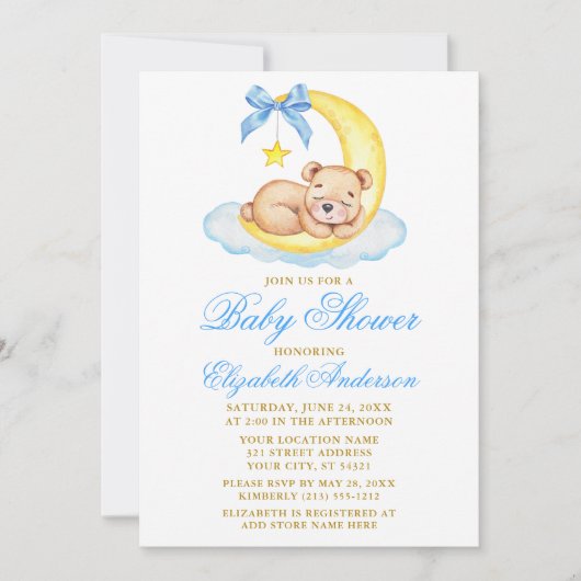 Waterverf Teddy Bear Moon Blue Stippen Baby shower Kaart (Voorkant)