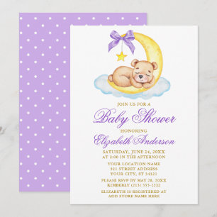 Waterverf Teddy Bear Moon Paars Stip Baby shower Kaart