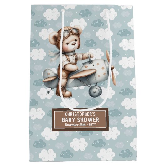 Waterverf Teddy Bear Pilot Baby shower Behandeltas Medium Cadeauzakje (Achterkant)