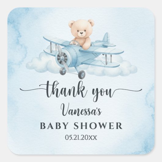 Waterverf Teddy Bear Pilot Baby shower Dank u Vierkante Sticker (Voorkant)