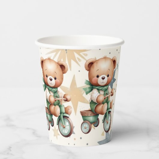 Waterverf Teddy Bear Sterren Groene Fietsfeest Papieren Bekers (Achterkant)