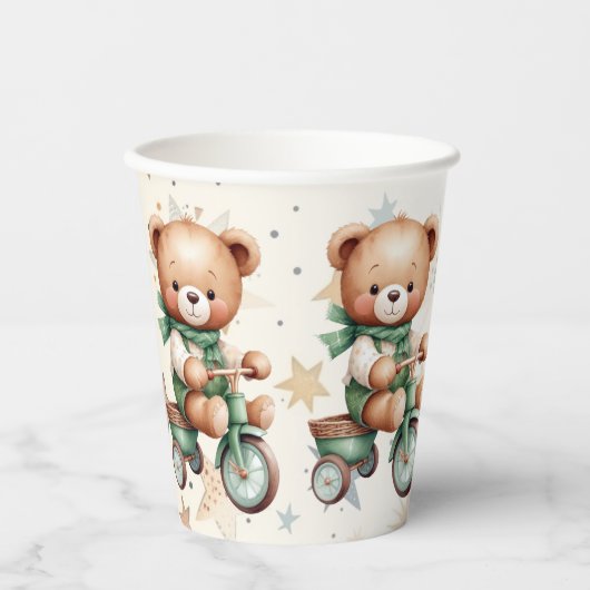 Waterverf Teddy Bear Sterren Groene Fietsfeest Papieren Bekers (Voorkant)