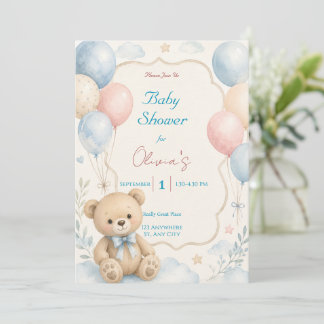 Waterverf Teddybeer Babyshower Uitnodiging