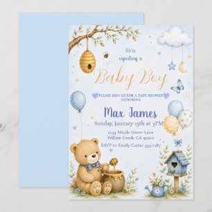 Waterverf Teddybeer Bijen Jongens Baby Shower Kaart