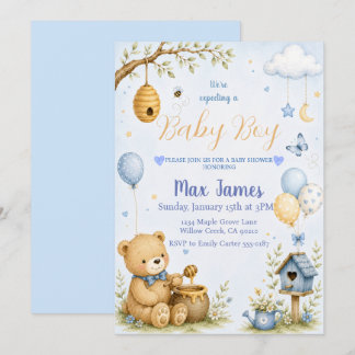 Waterverf Teddybeer Bijen Jongens Baby Shower Kaart