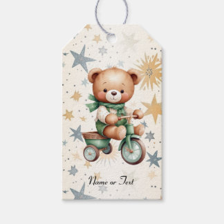 Waterverf Teddybeer Sterren Groene Fiets Feestje Cadeaulabel