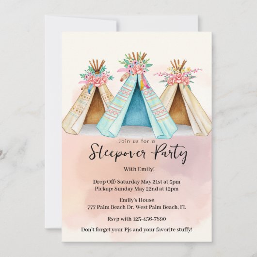Waterverf Teepee Tent Slapendfeest Uitnodiging (Voorkant)