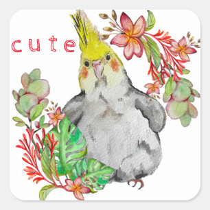 Waterverf tekening van een grappige papegaai in bl vierkante sticker