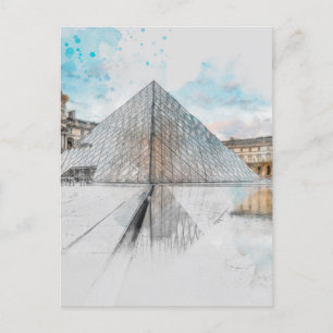 Waterverf tekening van het Louvre Paris, Frankrijk Briefkaart