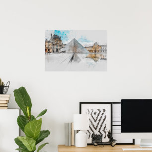 Waterverf tekening van het Louvre Paris, Frankrijk Poster