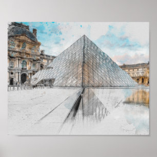 Waterverf tekening van het Louvre Paris, Frankrijk Poster