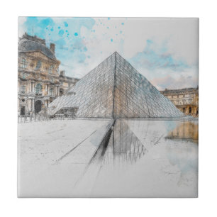 Waterverf tekening van het Louvre Paris, Frankrijk Tegeltje