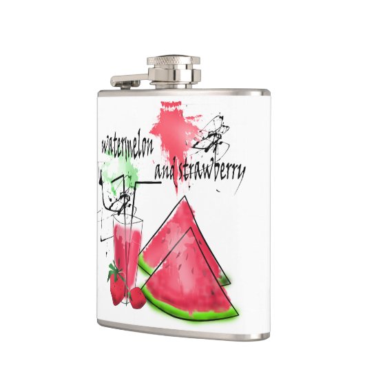 Waterverf tekening van watermeloen en aardbeien heupfles (Links)