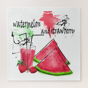 Waterverf tekening van watermeloen en aardbeien legpuzzel
