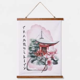 Waterverf Temple Red Bridge Japans Hangend Wandkleed