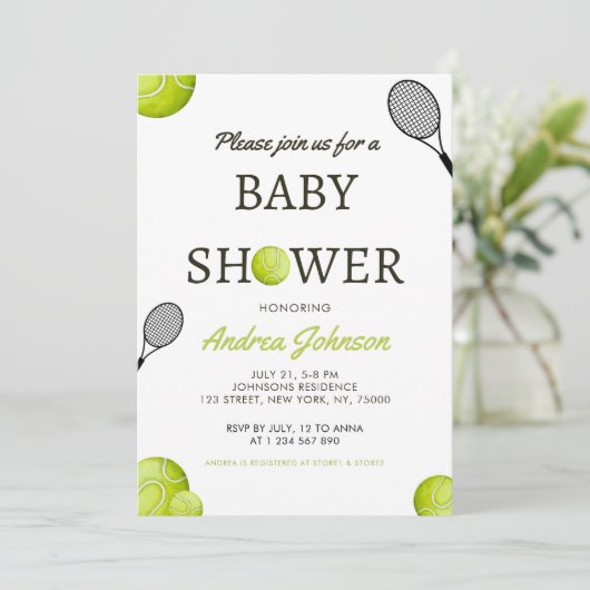 Waterverf Tennis Ball & Racket Player Baby shower Save The Date (Staand voorkant)