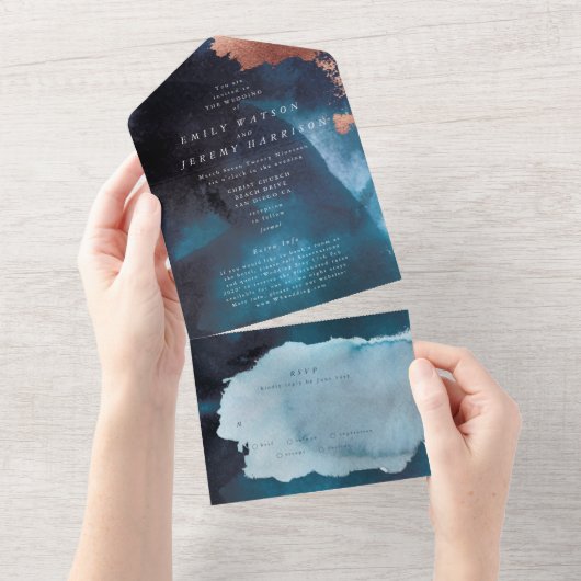 Waterverf Texture Moody Roos Gold Navy Wedding All In One Uitnodiging (Afscheurbaar)