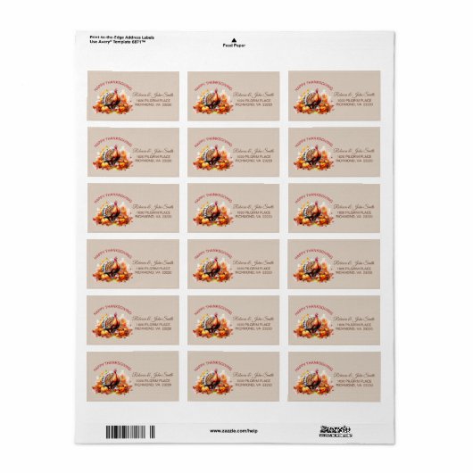 Waterverf Thanksgiving Turkije & Pompoenen Adres Etiket (Full Sheet)