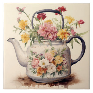 Waterverf theeketel met bloemen Tegeltje