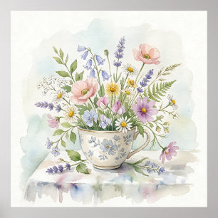 Waterverf Theekopboeket Wilde Bloemen en Lavendel Poster