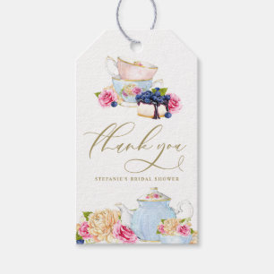 Waterverf Theekopje Blauwebes Florale Bruiloftsdou Cadeaulabel