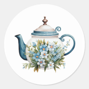 Waterverf theepot met witte Blue Floral Classic Ronde Sticker