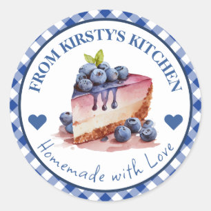Waterverf Thuisgemaakte Gingham Blauwe Bosbes Cake Ronde Sticker