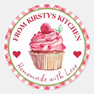 Waterverf Thuisgemaakte Gingham Frambozen Cake Lab Ronde Sticker