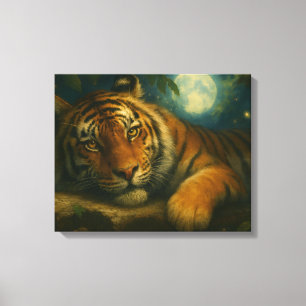 Waterverf tijger rust in het nachtbos canvas afdruk