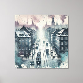 Waterverf Top Street Uitzicht met tramlijnen Canvas Afdruk