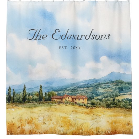 Waterverf Toscaanse mediterrane familienaam Douchegordijn (Voorkant)