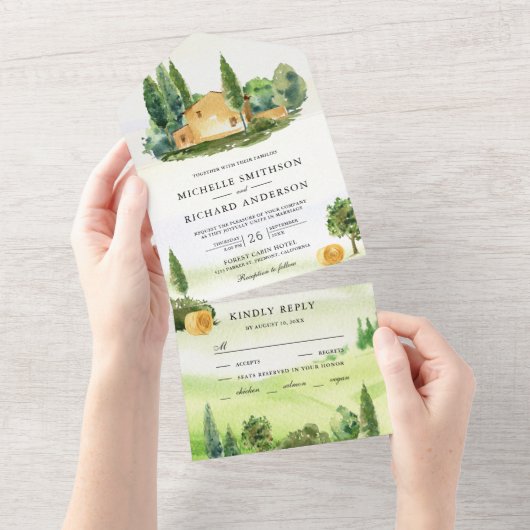 Waterverf Toscane Landschap Italiaans Boerderij We All In One Uitnodiging (Afscheurbaar)