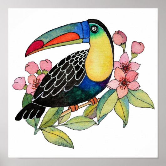 Waterverf toucan Bird with Flowers Poster (Voorkant)