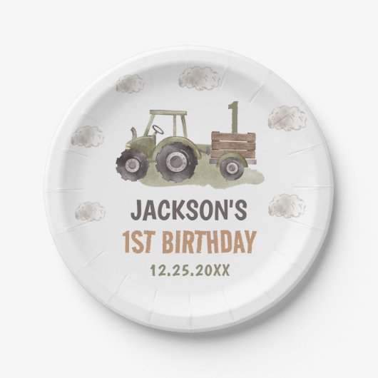 Waterverf Tractor Boerderij 1e verjaardag Papieren Bordje (Voorkant)